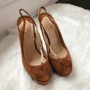 Christian Louboutin Women's Suede Tan Peep Toe Slingback Pumps Size 38.5